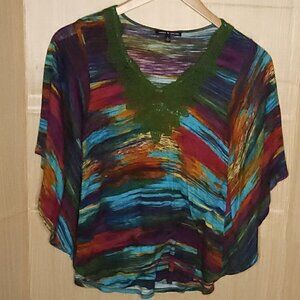 Cable & Gauge Womens Jewel Tone Striped Poncho Style Top Small